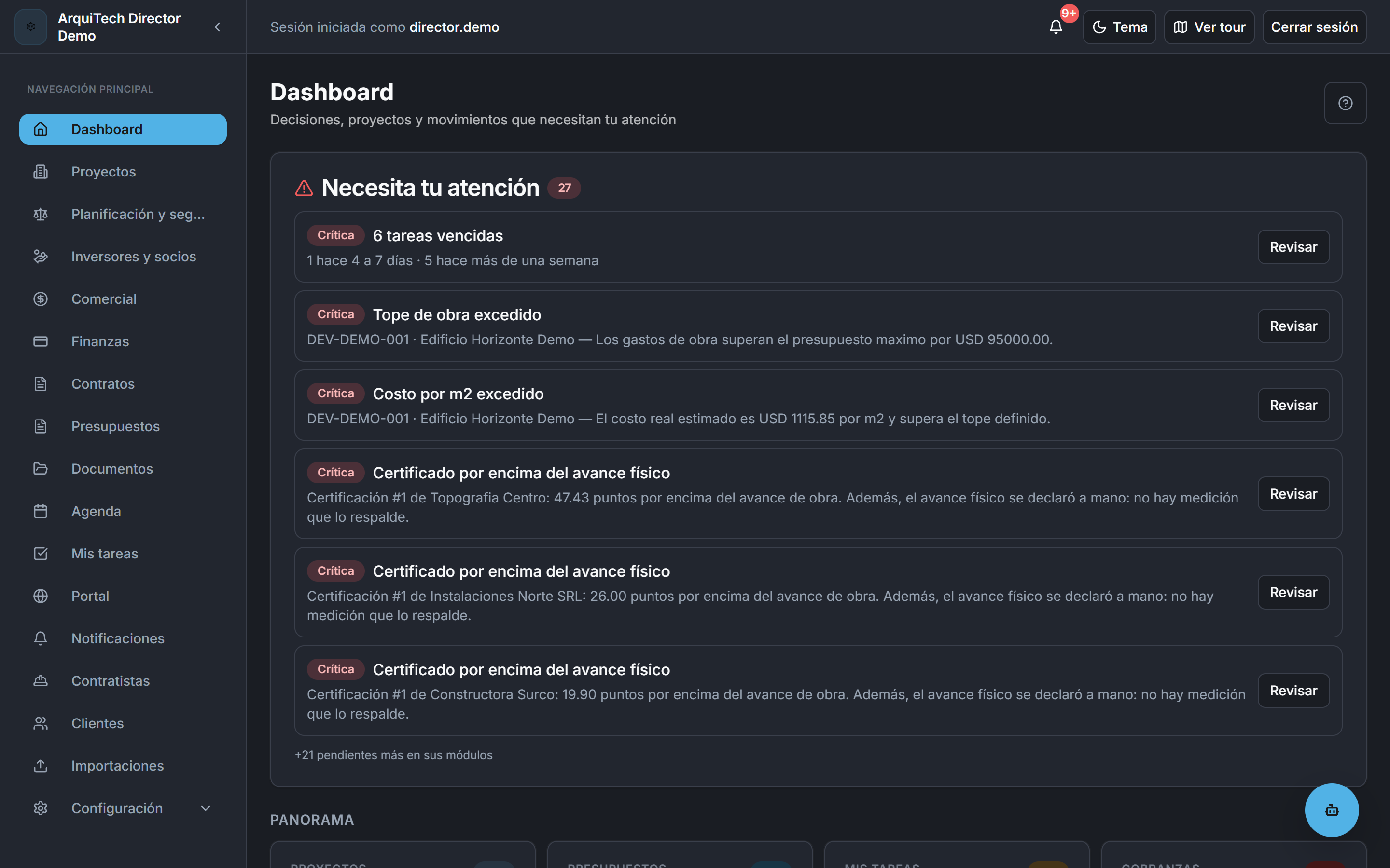 Dashboard de ArquiTech con el bloque Necesita tu atención: tareas vencidas, tope de obra excedido y certificados por encima del avance físico.