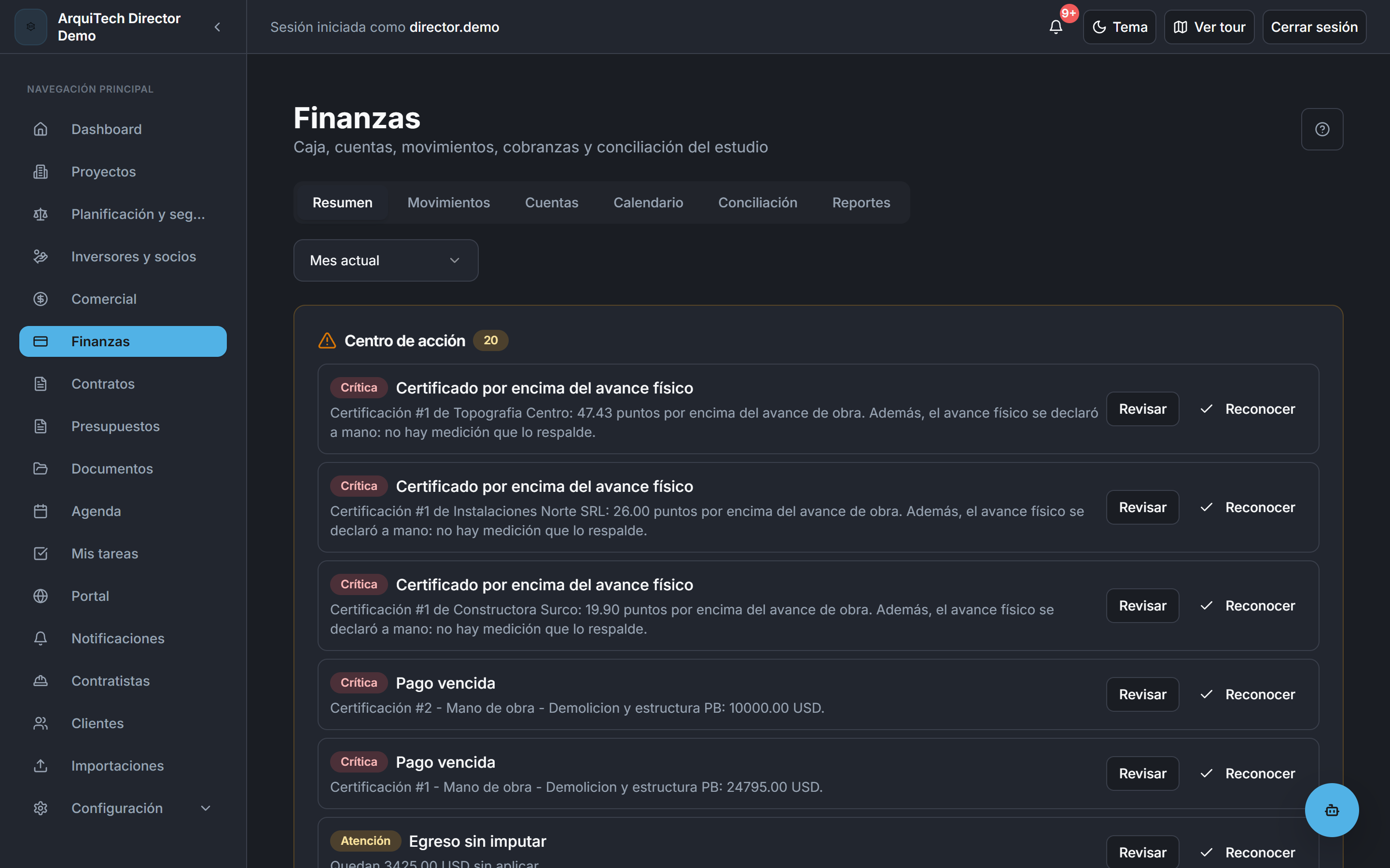 Vista de finanzas en ArquiTech con el centro de acción: certificados por encima del avance físico, pagos vencidos y egresos sin imputar.